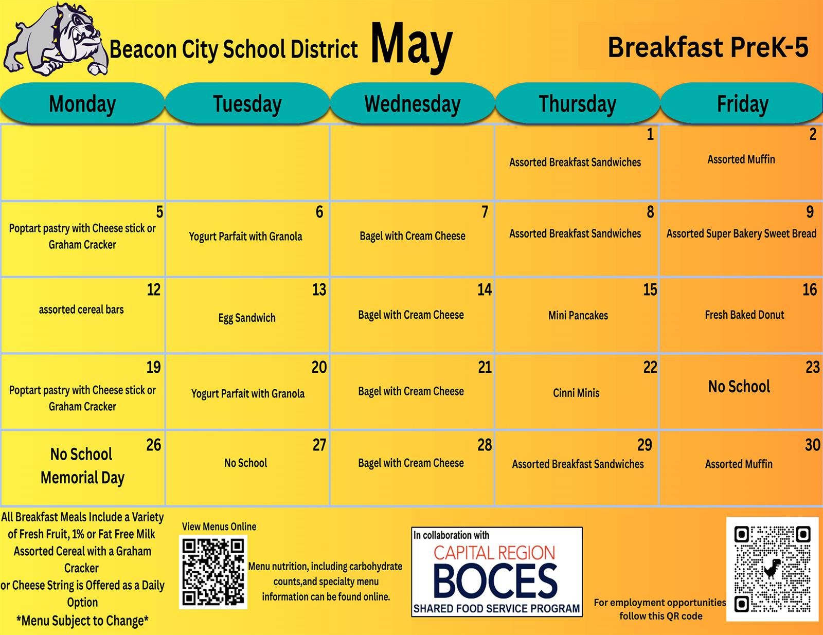 BCSD May 2025 Breakfast Menu Grade PK - 5 